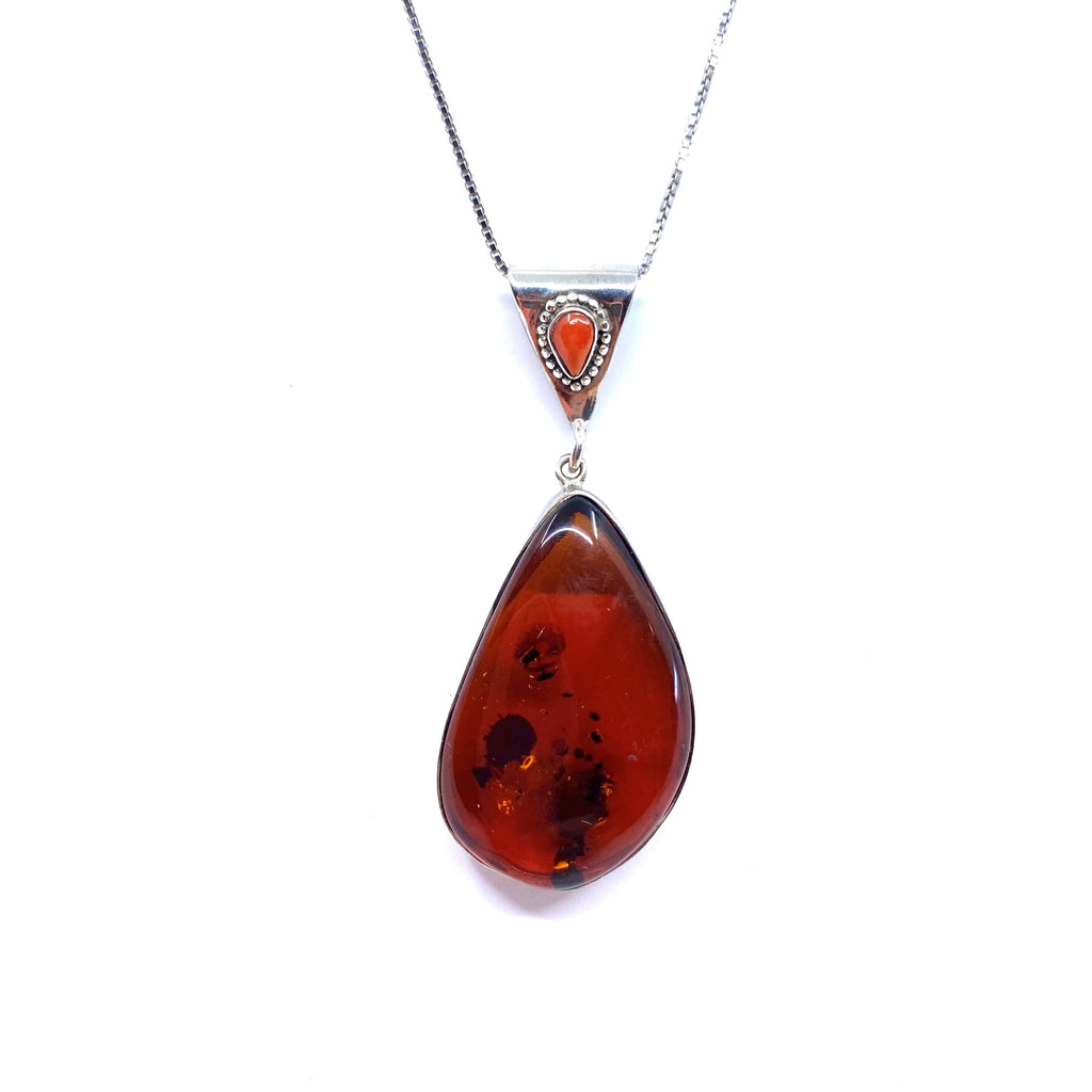 Beautiful Cherry Amber with Coral Bail Sterling Silver Statement Pendant