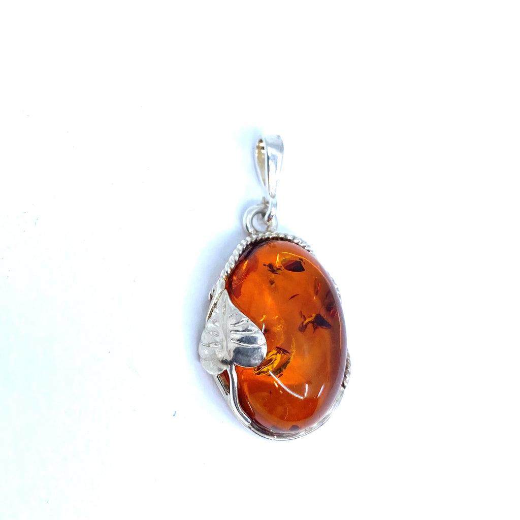 Lovely Cognac Amber Sterling Silver Leaf Pendant