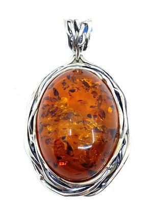 Magnificent Large Cognac Amber Weave Sterling Silver Statement Pendant