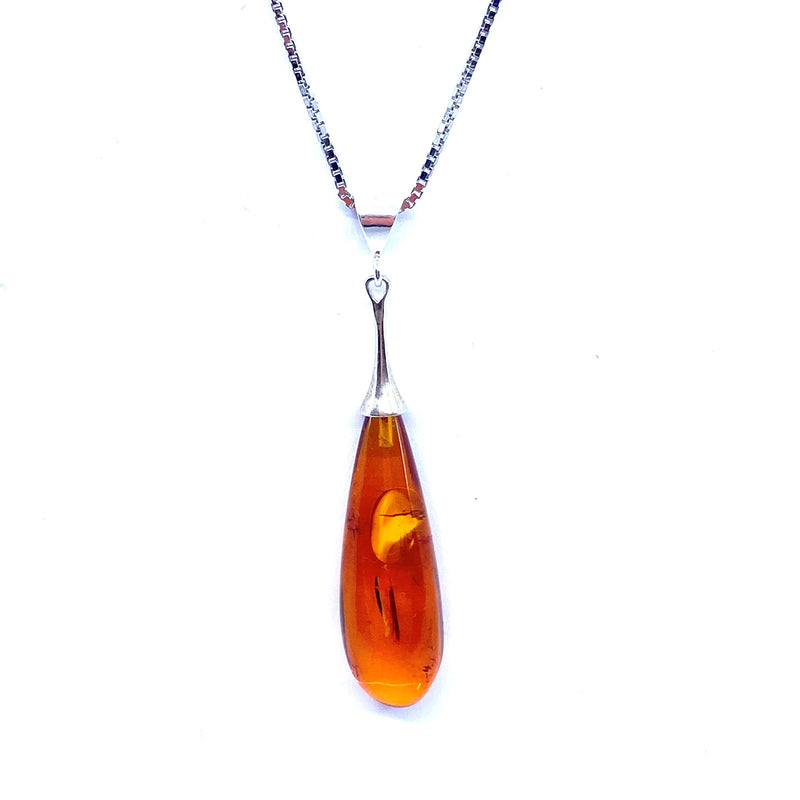 Elegant Cognac Baltic Amber Drop on Sterling Silver Chain