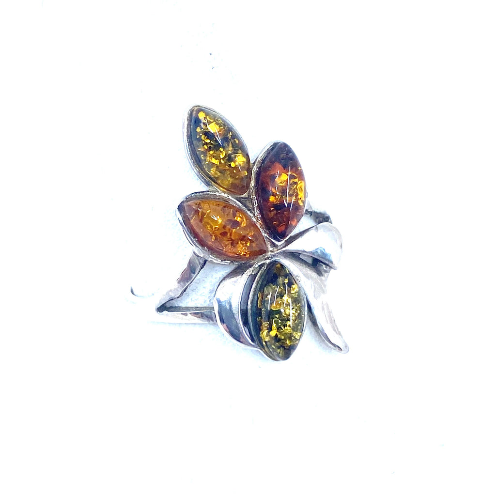 Lovely Mixed Amber Delicate Leaf Sterling Silver Ring