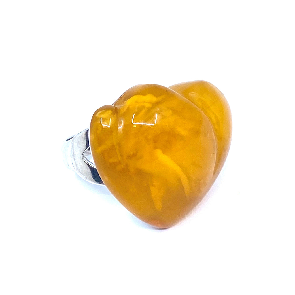 Polish Designer Magnificent Carved Butterscotch Heart Sterling Silver Statement Ring*