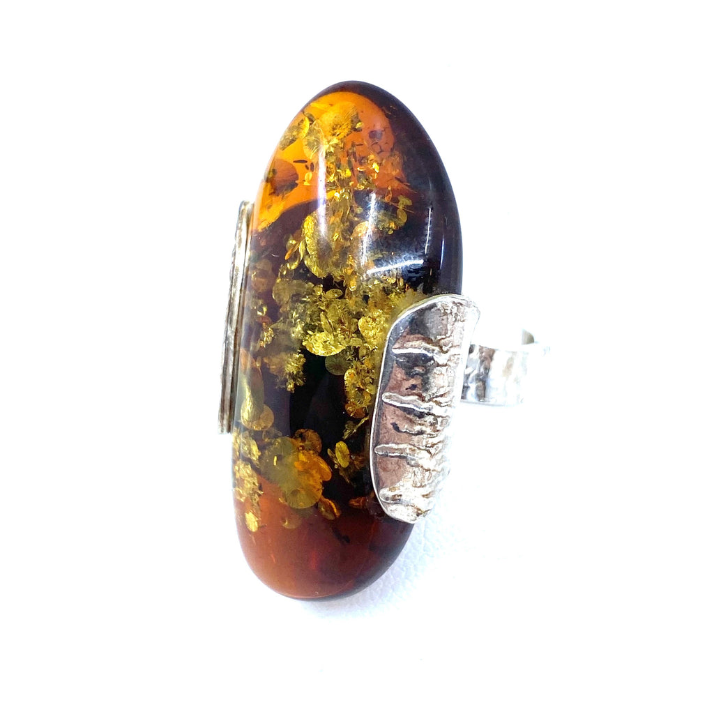 Magnificent Cognac Fossil Amber Sterling Statement Ring