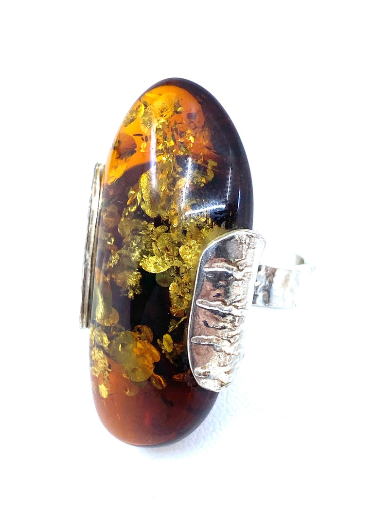 Magnificent Cognac Fossil Amber Sterling Statement Ring