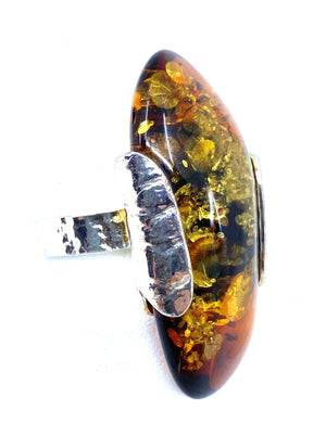 Magnificent Cognac Fossil Amber Sterling Statement Ring