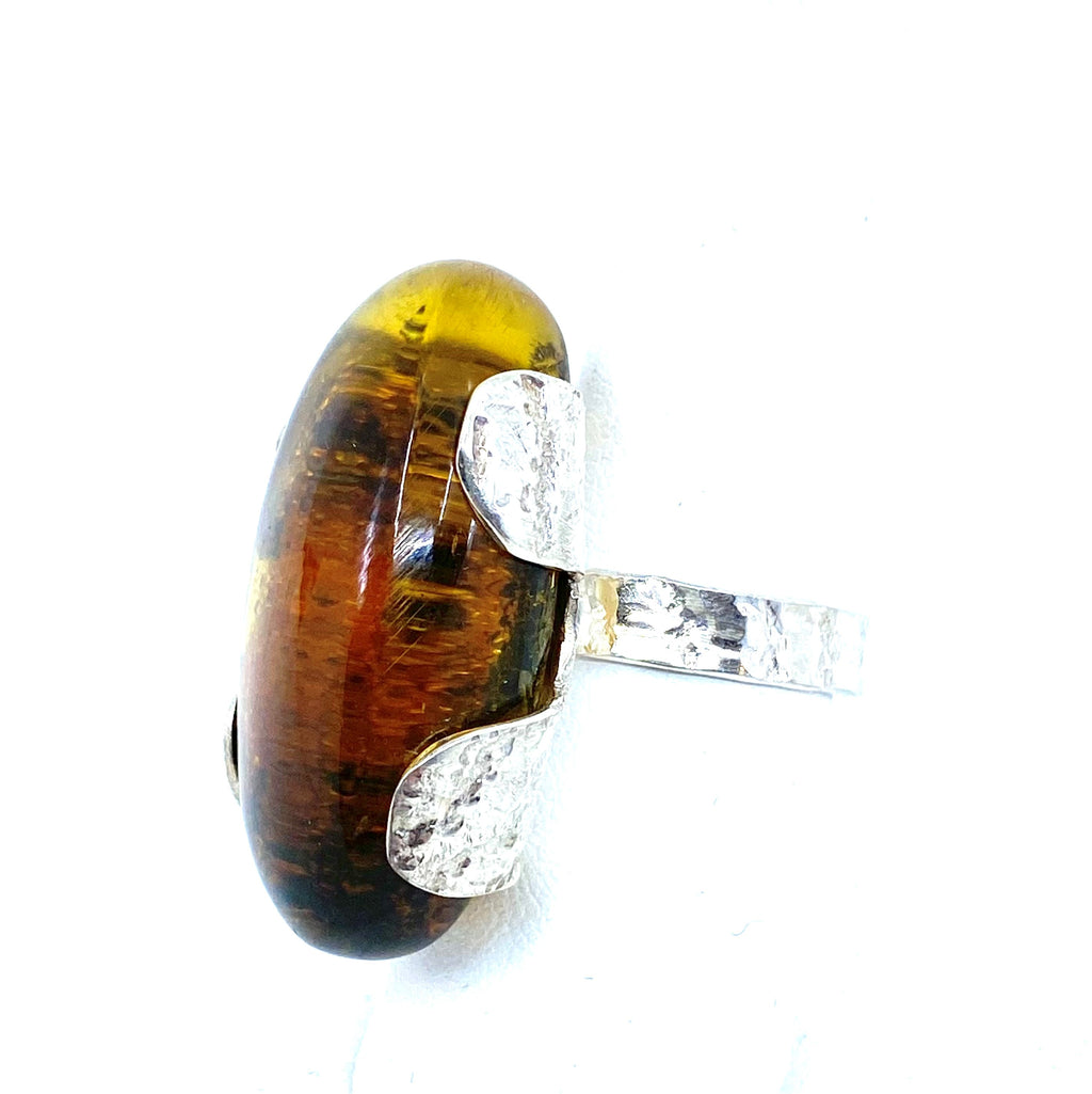 Gorgeous Polish Designer Cognac Baltic Amber Sterling Silver Ring