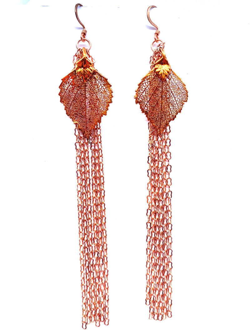 Amazing Coppery Gold Plated Rose Leaf Earrings