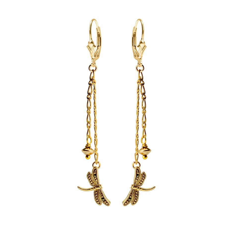 Petite Gold Plated Dragonflies and Marcasite on Gold Filled Lever Back Earrings*