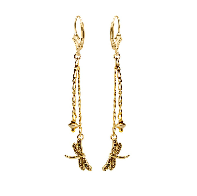 Petite Gold Plated Dragonflies and Marcasite on Gold Filled Lever Back Earrings*