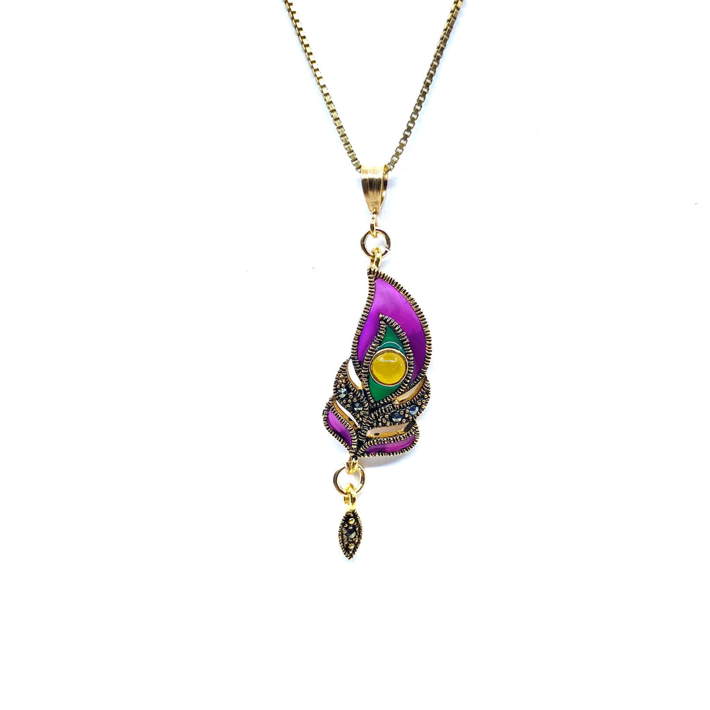 Brilliant Purple Enamel and Gold Plated Marcasite Peacock Petite Necklace