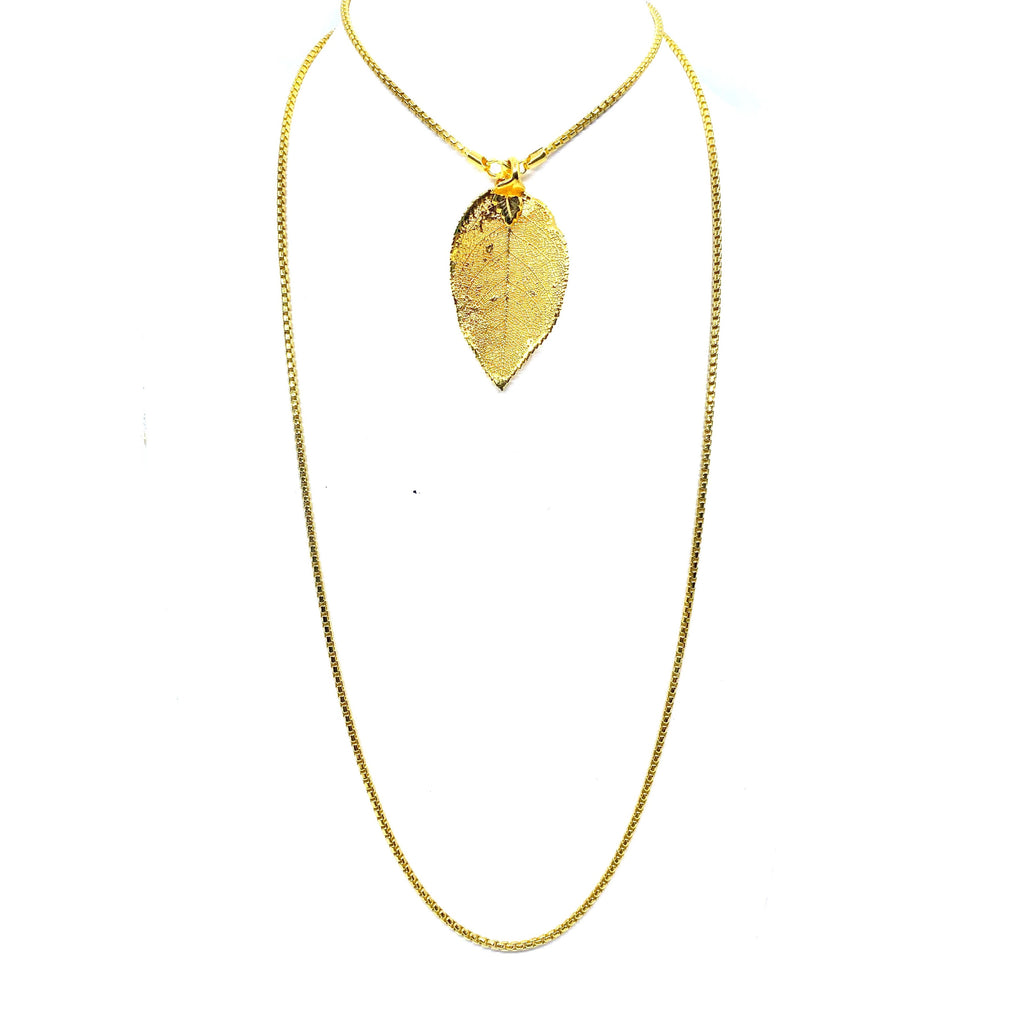 Gold Rose Leaf on Long Bermuda Gold Plated Chain 36"