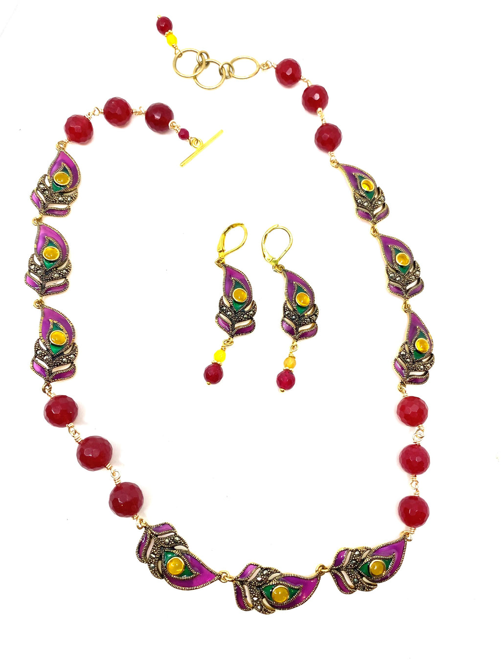 Vibrant Peacock Feather 14kt Gold Plated Statement Necklace 19"-21"