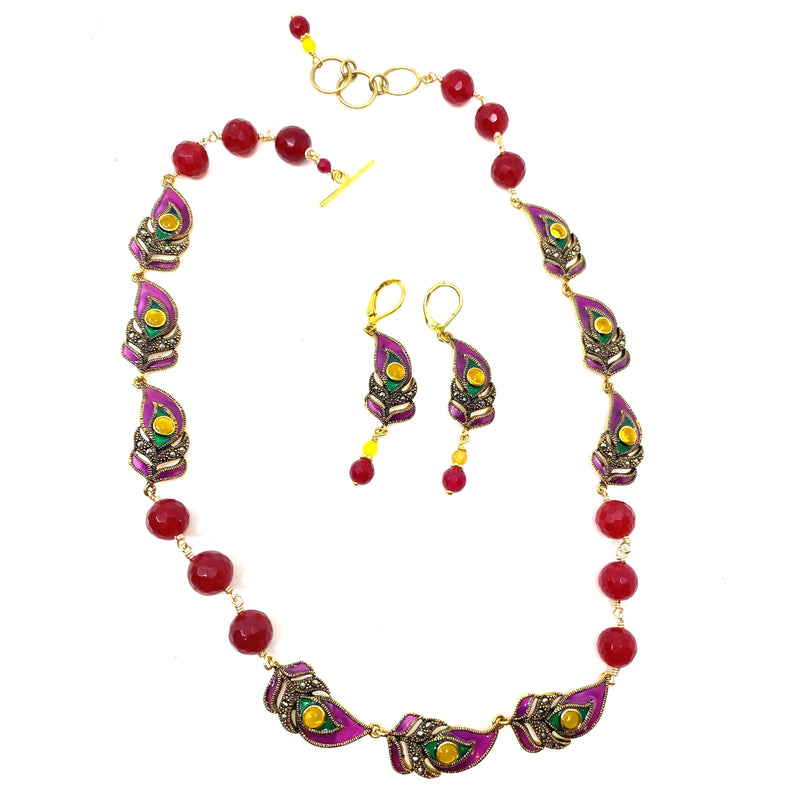 Vibrant Peacock Feather 14kt Gold Plated Statement Necklace 19