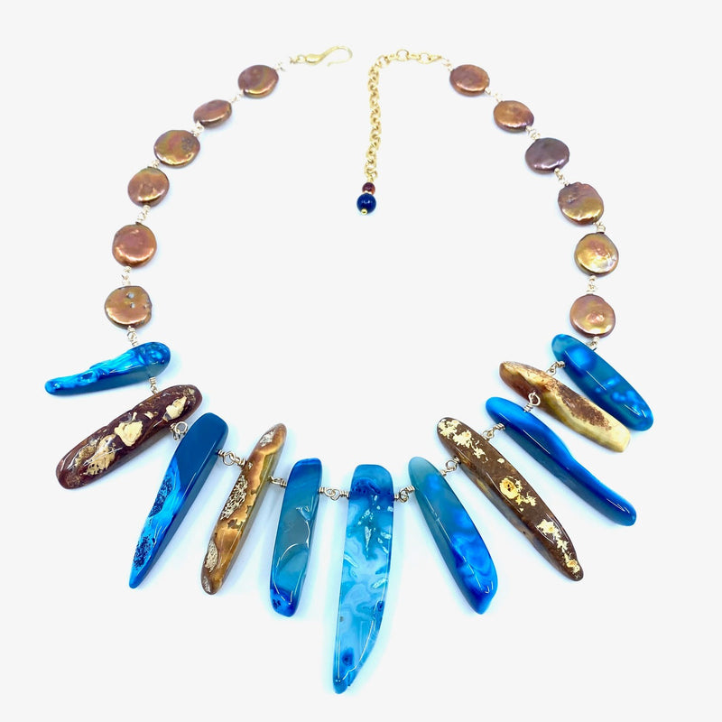 Exotic Blue and Golden Brown Agate 14kt Gold Plated Statement Necklace