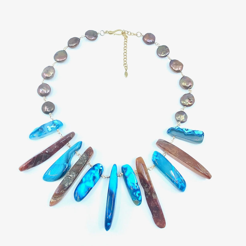 Dramatic Blue & Brown Agate with Bronze Coin Pearl Statement Necklace