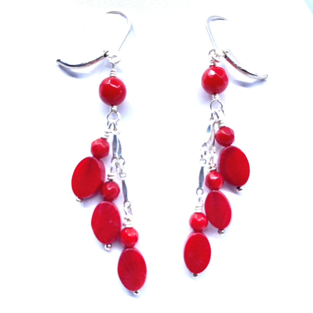 A Cascade of Red Coral Stones Sterling Silver Earrings