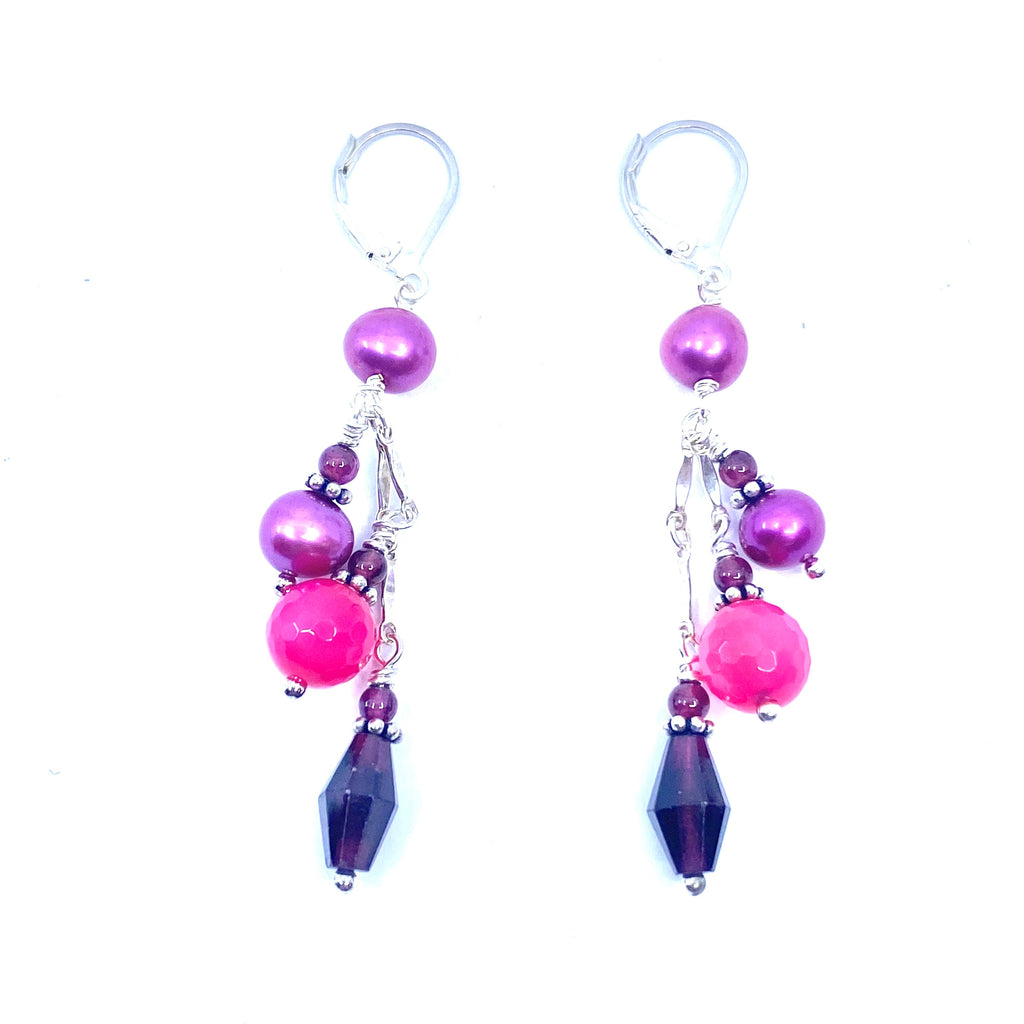 Vibrant Garnet and Rose Pink Dangle Sterling Silver Earrings