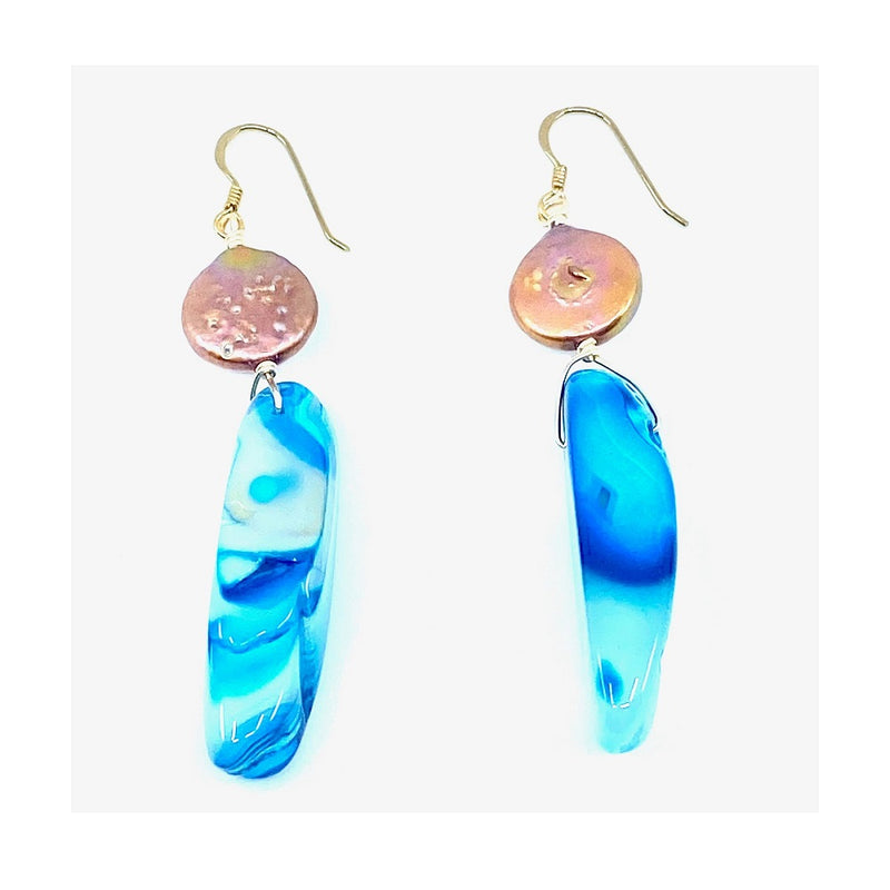 Dramatic Blue Agate & Bronze Coin Pearl Gold Filled Statement Earrings