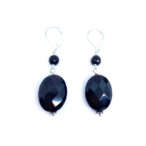 Sleek Faceted High Polish Black Onyx Drop Silver Earrings