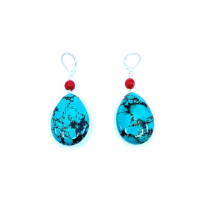 Vibrant Chalk Turquoise and Coral Sterling Silver Statement Earrings
