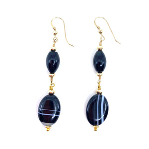 Beautiful Natures Designed Black Banded Agate With Gold Filled Hooks Statement Earrings