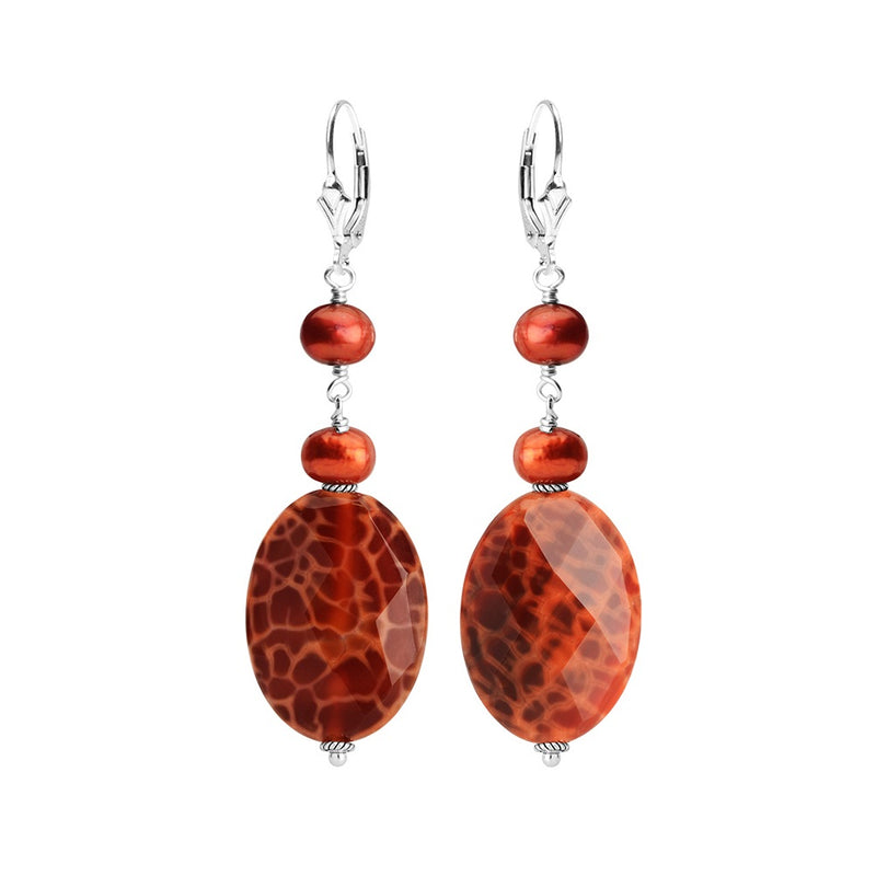Luxurious Fire Agate and Fresh Water Pearl Sterling Silver Earrings*