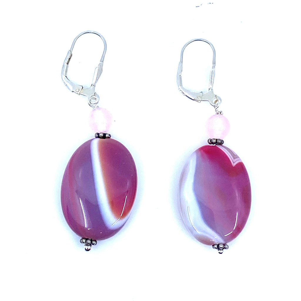 Vibrant Stripped Rose  Agate Drop Sterling Earrings