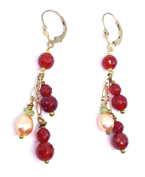 Vibrant Carnelian & Pearl Gold Filled Lever-Back Statement Earrings