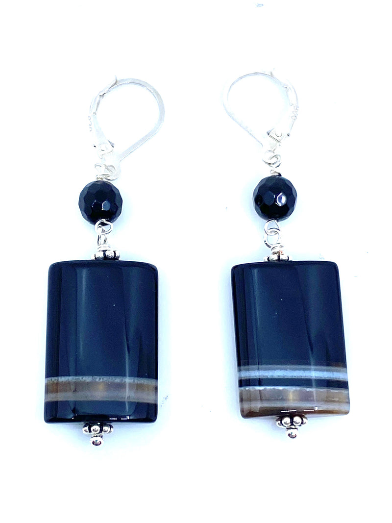Natural Banded Black Agate Sterling Silver Earrings