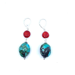 Beautiful Turquoise and Coral Drop Sterling Silver Earrings
