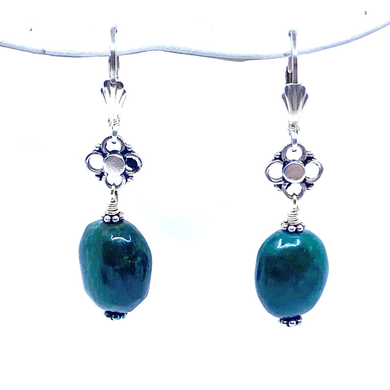 Deep Green Turquoise Sterling Silver Dangle Statement Earrings