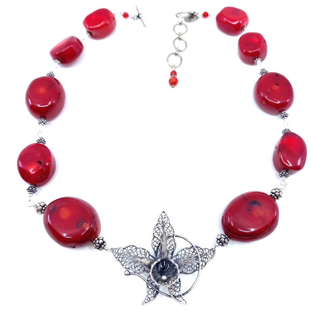 Vibrant Bamboo Coral Silver Flower Statement Necklace