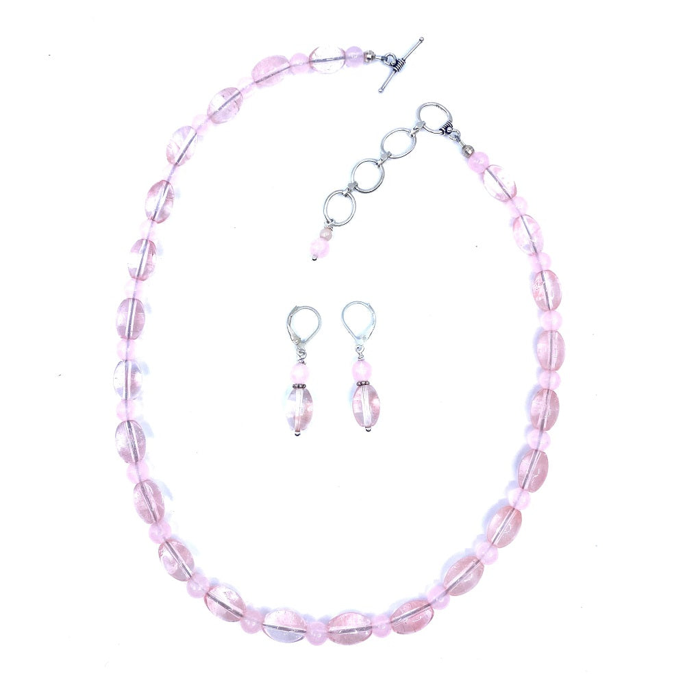 Smooth Rose Quartz Stone Sterling Silver Necklace and Earrings Set*