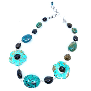 Genuine Turquoise & Smoky Quartz with Chalk Turquoise Flowers Silver Statement Necklace
