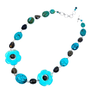 Genuine Turquoise & Smoky Quartz with Chalk Turquoise Flowers Silver Statement Necklace