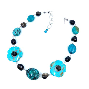 Genuine Turquoise & Smoky Quartz with Chalk Turquoise Flowers Silver Statement Necklace