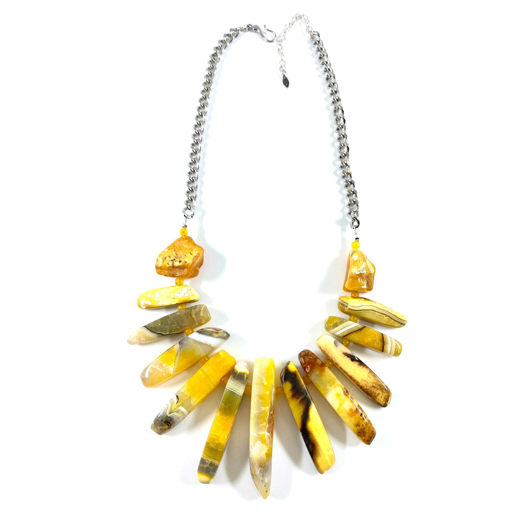Dramatic Butterscoth Yellow Agate Silver Plated Statement Necklace