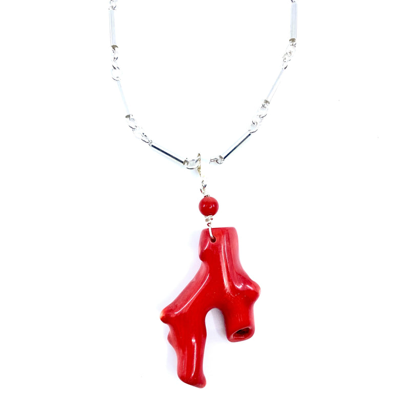 Beautiful Red Branch Bamboo Coral Silver Plated Chain Necklace