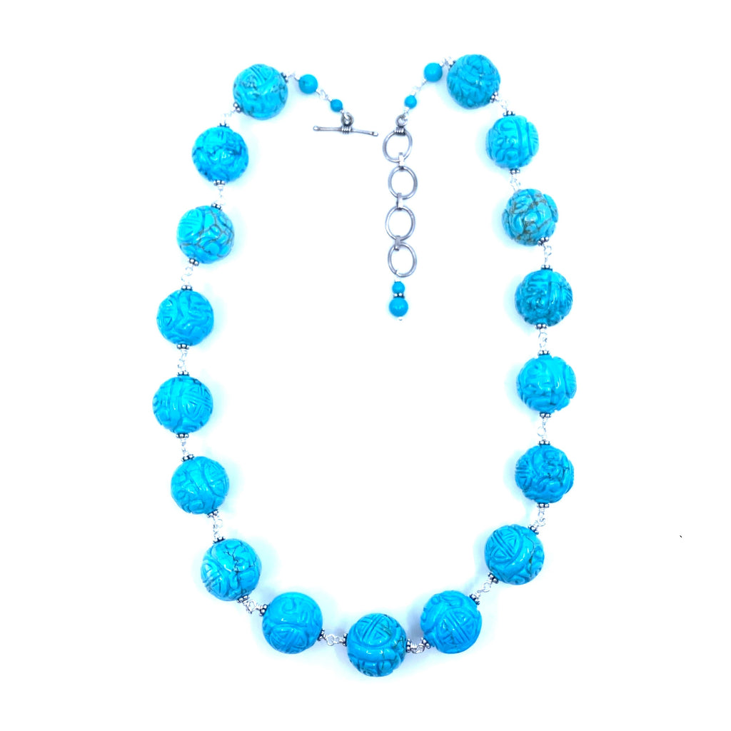 Vibrant Ocean Blue Carved Chalk Turquoise Sterling Silver Statement Necklace