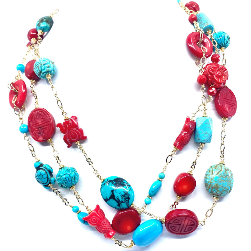 Gorgeous Colorful Turquoise and Coral 3 Strand Statement Necklace