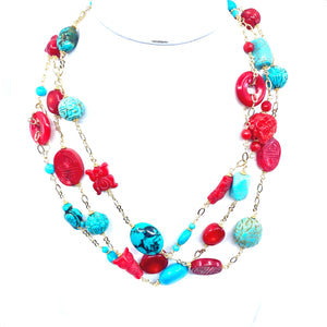 Gorgeous Colorful Turquoise and Coral 3 Strand Statement Necklace