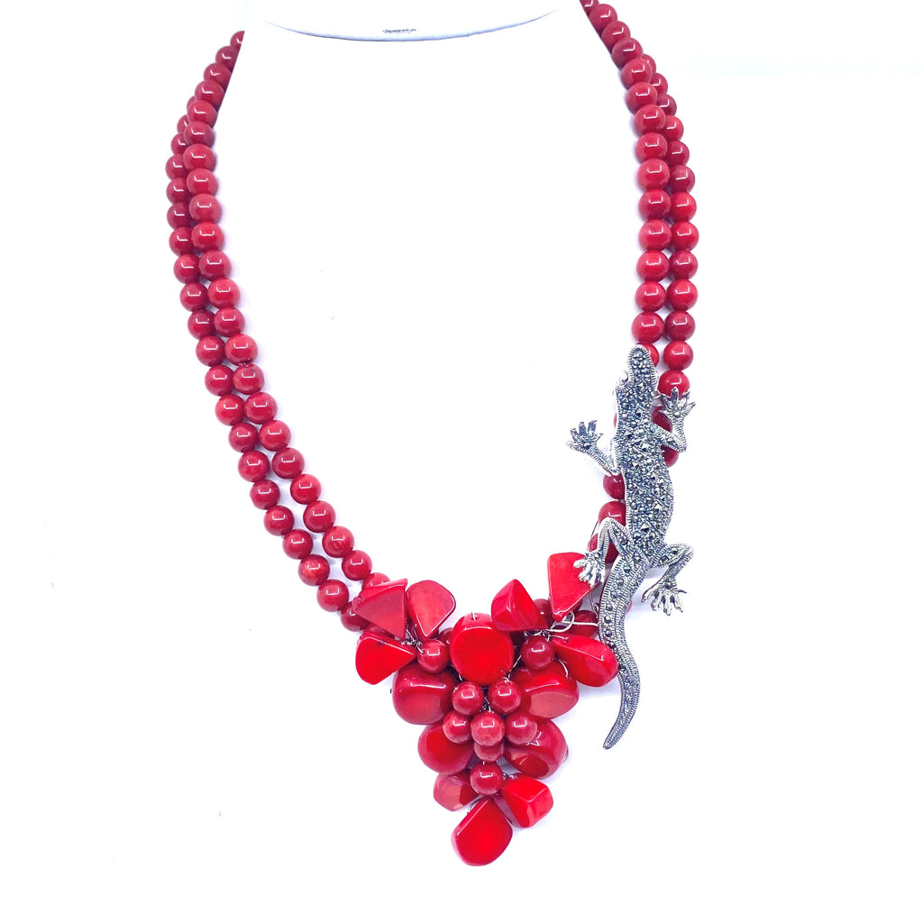 Stunning Coral Flower With Playful Climbing Lizard Statement Necklace