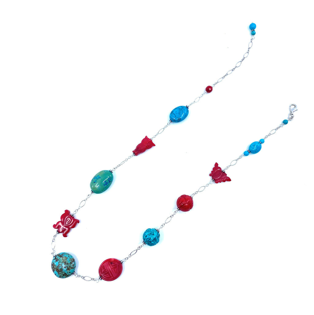 Adorable Coral and Turquoise Sterling Silver Necklace