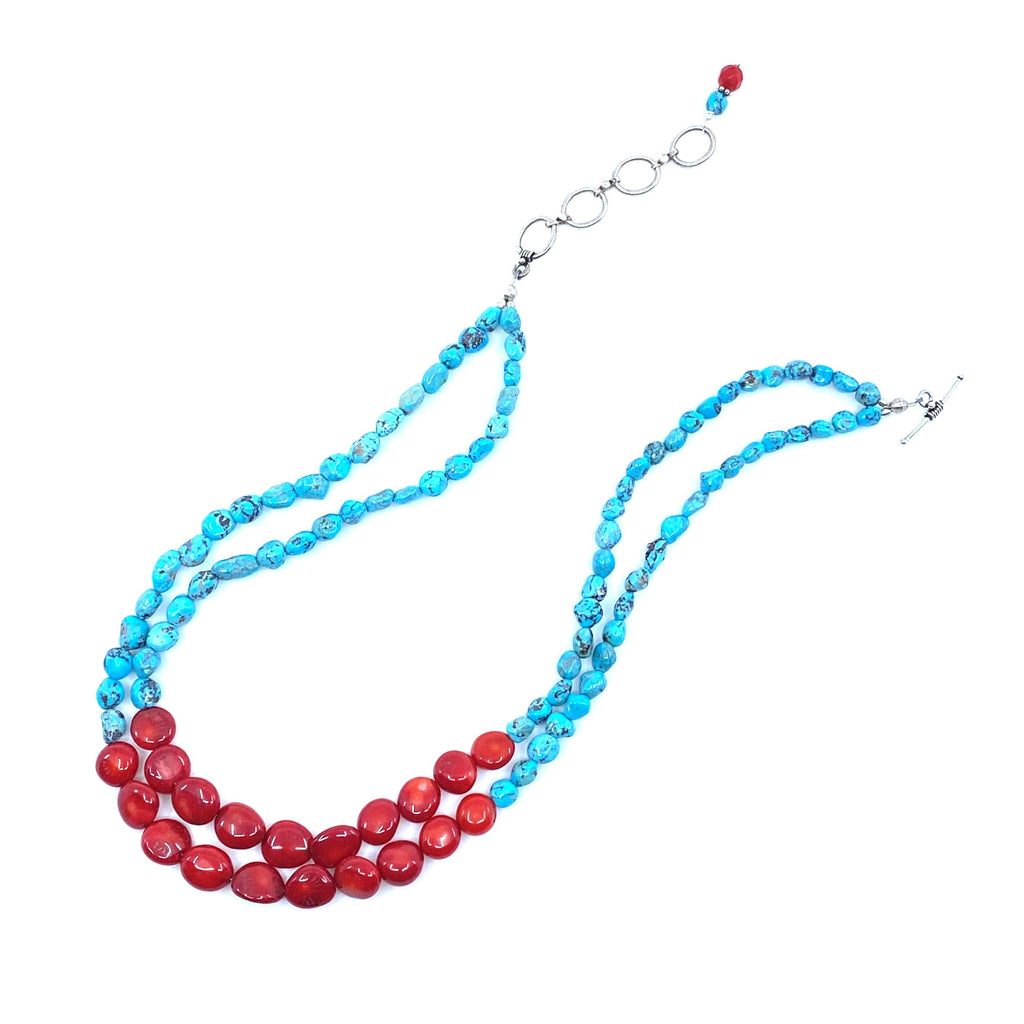 Vibrant Turquoise and Coral Double Strand Statement Necklace