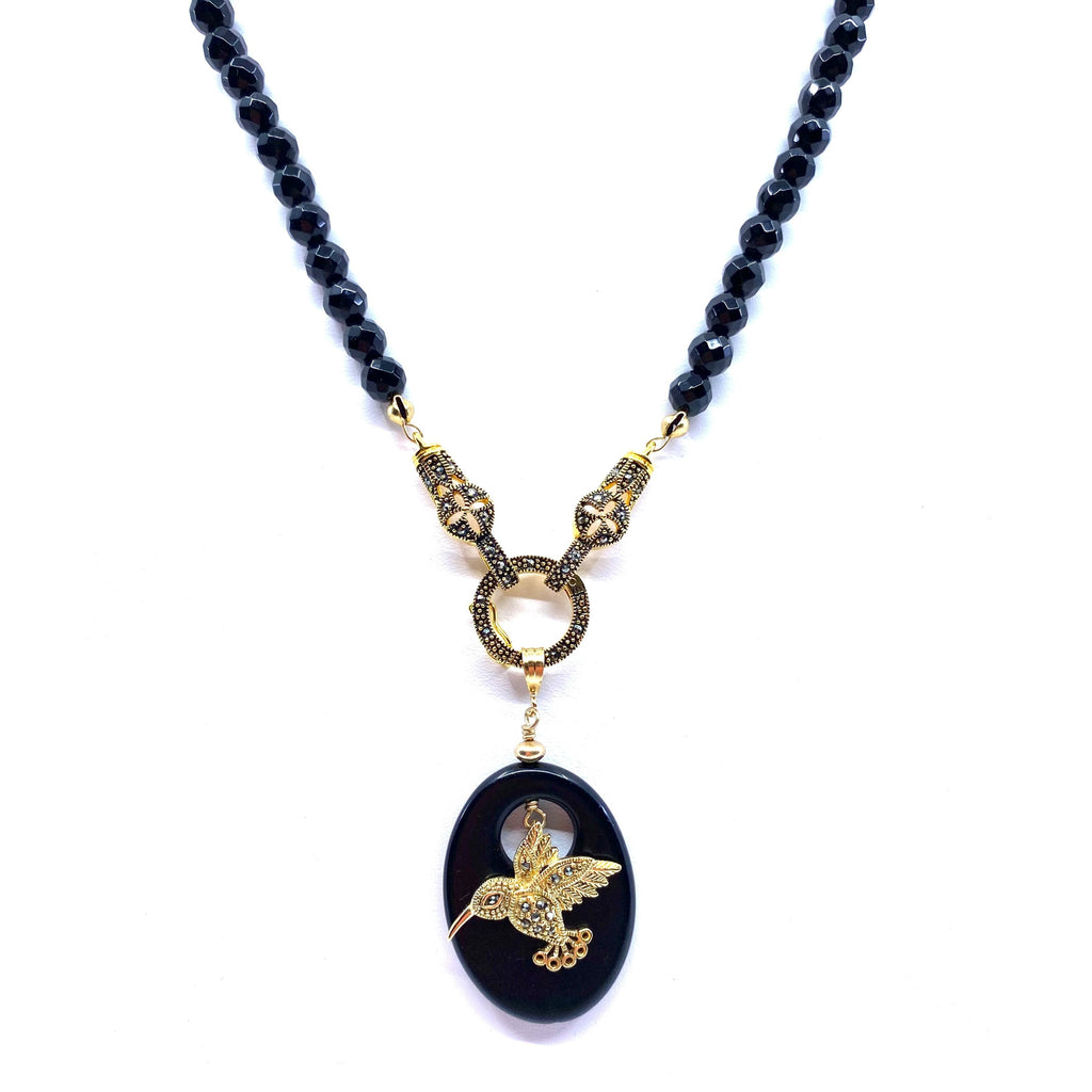 Beautiful Gold Marcasite Humming Bird Onyx Statement necklace