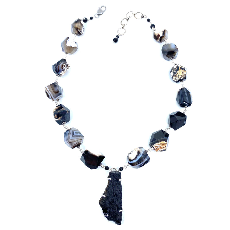 Gorgeous Black & White Agate with Tektite Pendant Sterling Silver Statement Necklace