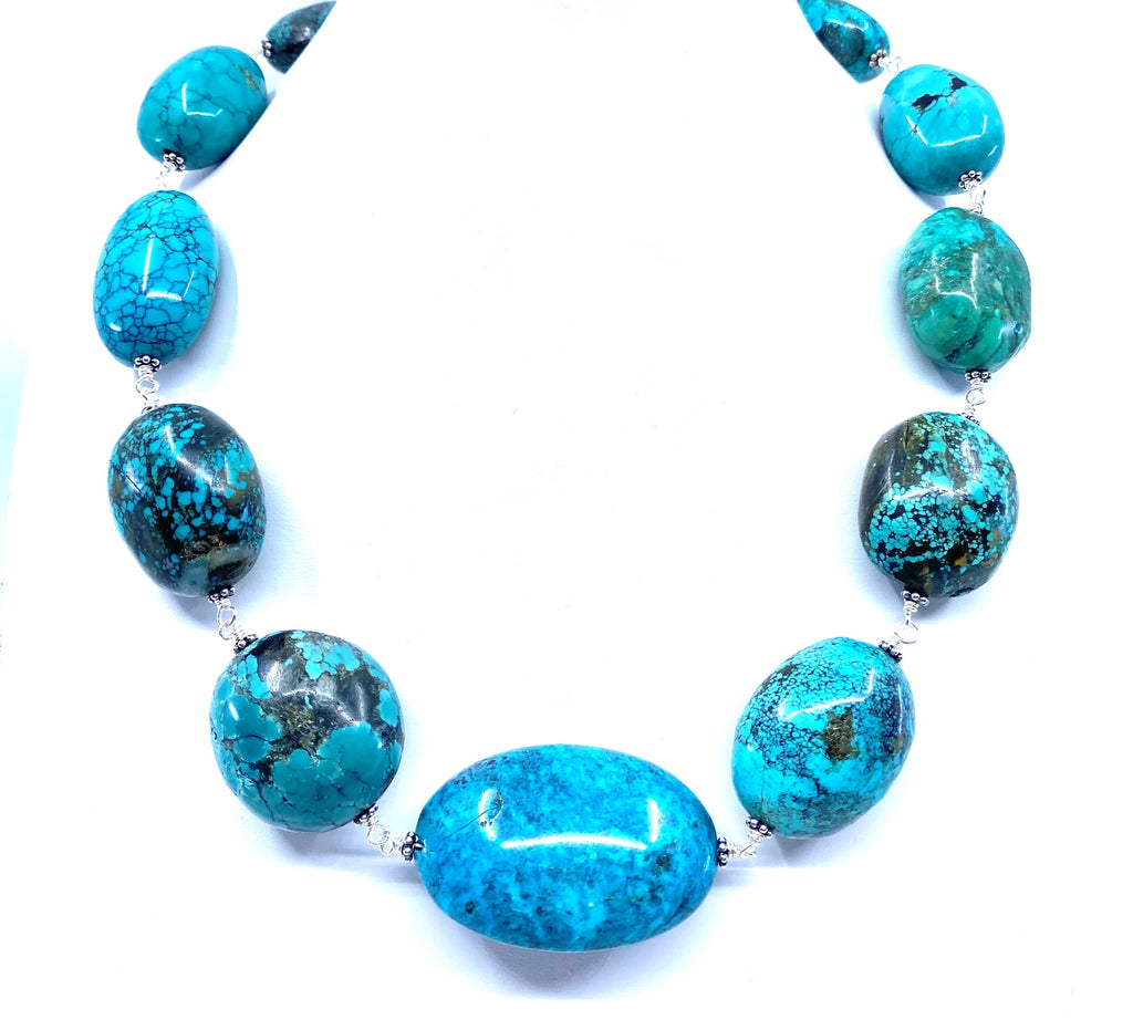 Stunning Large Turquoise Stones Sterling Silver Statement Necklace