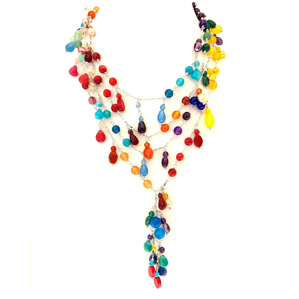 Longest Semiprecious Stone Sterling Silver Happy Statement Lariat 60" & 67"