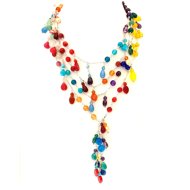 Longest Semiprecious Stone Sterling Silver Happy Statement Lariat 60