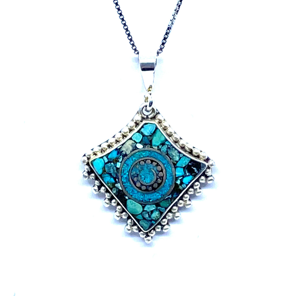 Nepal Himalayan Turquoise Silver Plated Pendant on Chain